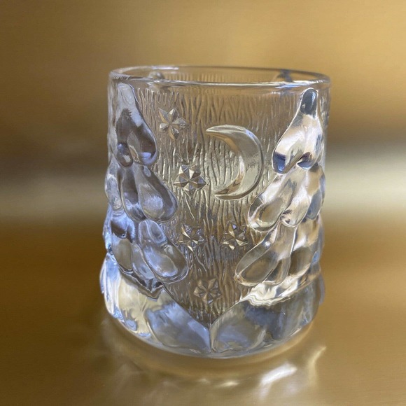 VINTAGE KIG INDONESIA Holiday Christmas Embossed Glass Cup Trees Stars Moon Snow - Picture 2 of 3